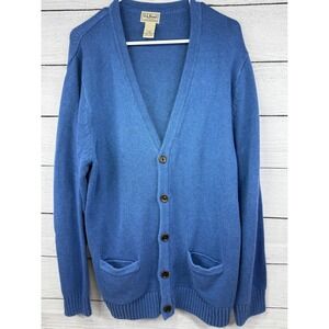 LL Bean Mens Cotton Knit Cardigan Sweater Blue Button‎ Front Pockets Large